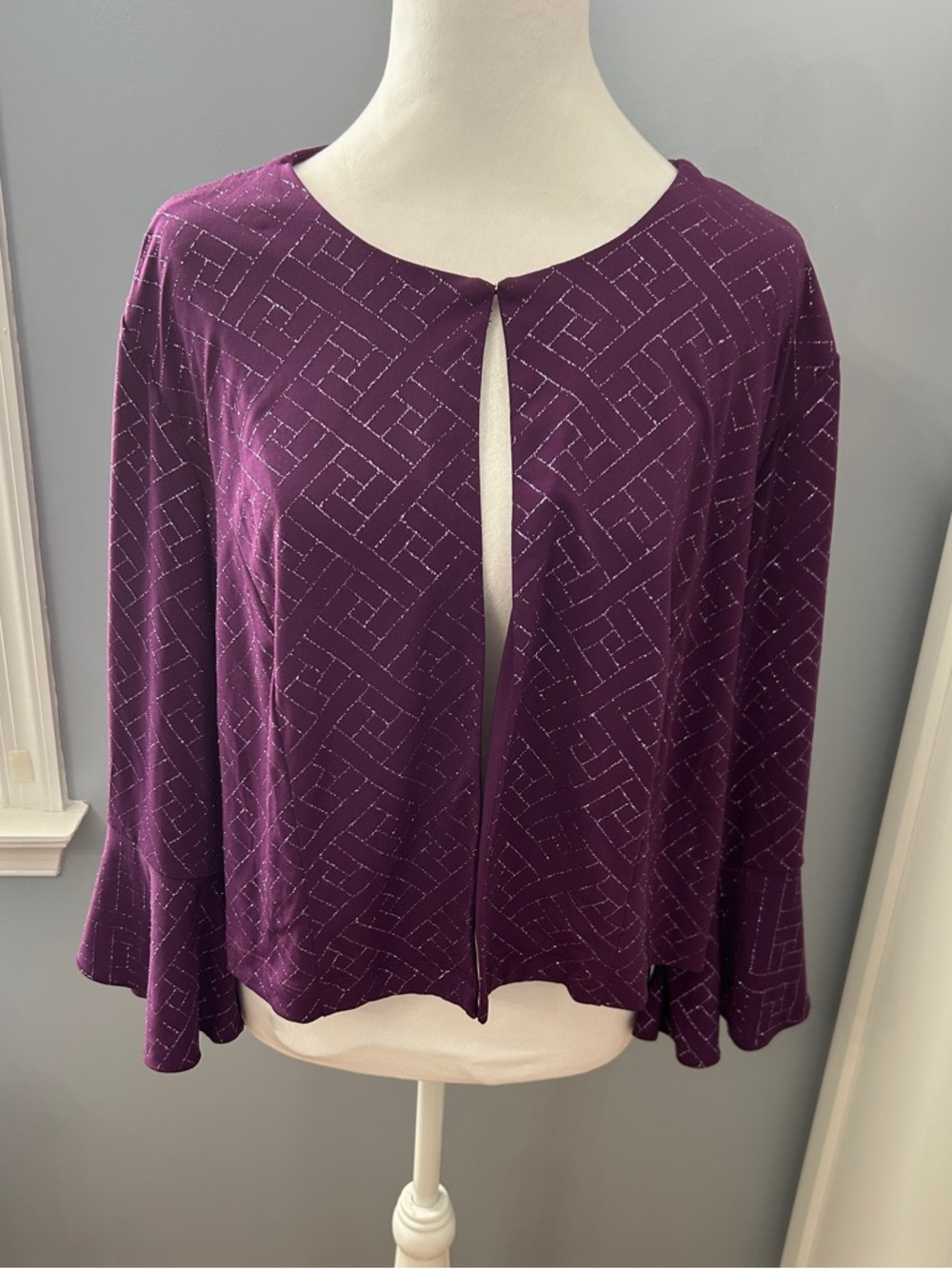 Perceptions NWT Plus Size 18W Plum Purple Sparkle Bell Sleeve Open Front Jacket